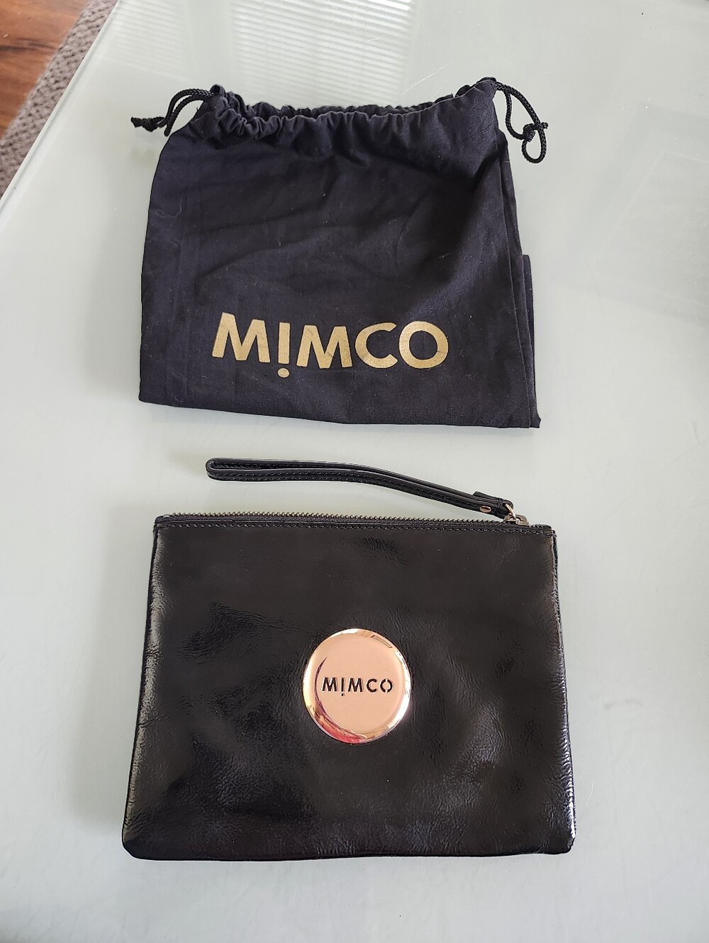 Mimco Black Patent Leather Wristlet with Rose Gold Logo Disc And Dustbag Lux New